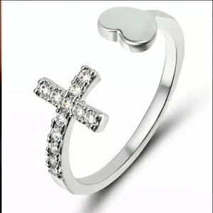 Silver Crystal Cross & Heart Adjustable Free Size Open Ring NWT